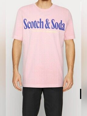 SCOTCH & SODA AMSTERDAM I Pink Crew Neck T-Shirt with Blue and Yellow Logo, S